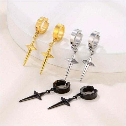 Stainless Steel Hoop Earrings Cross Four Pointed Star Pendant Dangle Ear Clips Unisex Punk Gothic Jewelry For Men Women