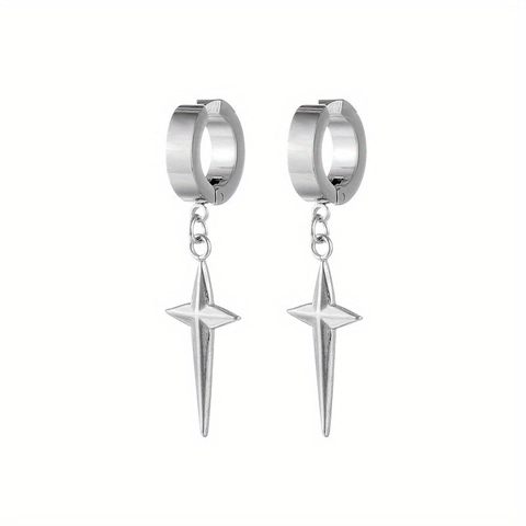 Stainless Steel Hoop Earrings Cross Four Pointed Star Pendant Dangle Ear Clips Unisex Punk Gothic Jewelry For Men Women