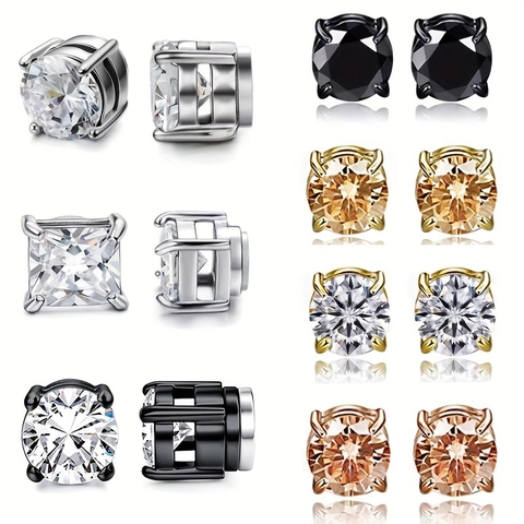 Stainless Steel Magnetic Stud Earrings Non Piercing Small Round Square Zirconia 4 Prong Clip On Earrings For Men Women Unisex