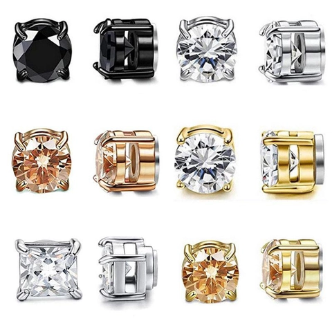 Stainless Steel Magnetic Stud Earrings Non Piercing Small Round Square Zirconia 4 Prong Clip On Earrings For Men Women Unisex