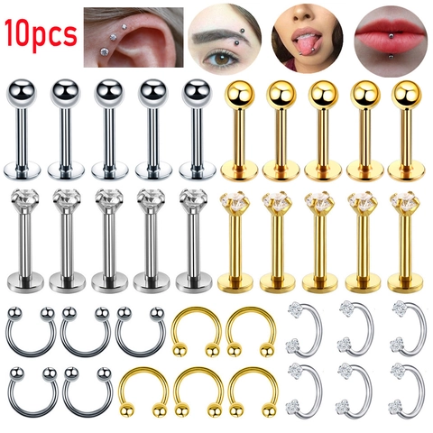 Stainless Steel Zircon Body Piercing Jewelry Horseshoe Labret Studs Lip Nose Septum Ring Curved Barbell Gold Silver Piercing Accessory