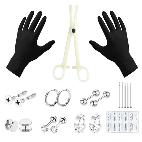 Kit de Piercing Corporal Profesional Anillos de Nariz y Tachuelas de Acero Inoxidable Con Agujas Pinzas Guantes Almohadillas de Alcohol Joyas Punk Plata
