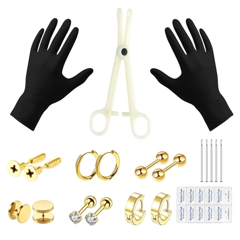 Orecchini a Bottone a Cerchio in Acciaio Inossidabile Oro Aghi per Piercing Morsetto Guanti Alcool Pad per Uomo Donna Kit