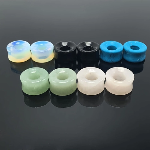 Túneles de Oreja de Piedra Natural Tapones Huecos Doble Acampanado Cuarzo Rosa Aventurina Opalita Joyas de Piercing Hombre Mujer