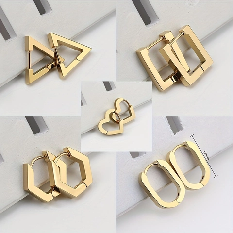 Minimalist Stainless Steel Geometric Hoop Earrings Gold Silver Triangle Square Heart Hexagon Hinged Earrings For Women Men Jewelry