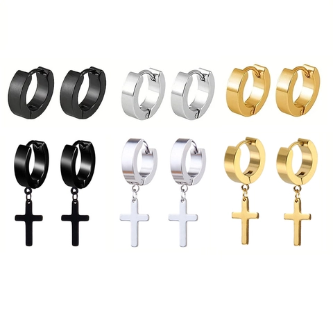 Edelstahl Kreuz Anhänger Creolen Ohrringe Für Herren Damen Punk Gothic Huggie Silber Schwarz Gold Farbe Schmuck