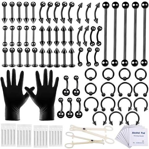 Kit de Piercing Corporal de Acero Inoxidable Negro Con Joyas Agujas Alicates Guantes Toallitas de Alcohol para Septum Ombligo Labio Body Art