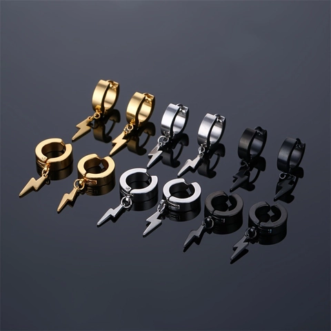 Pendientes de Aro con Colgante de Rayo de Acero Inoxidable Clips para Orejas Sin Perforar Joyería Punk Rock Oro Negro Plata