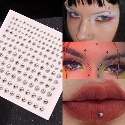 Zelfklevende Nep Piercing Stickers Metalen Bal Gezicht Sieraden Voor Lip Wenkbrauw Neus Goud Zilver Lichaam Edelstenen