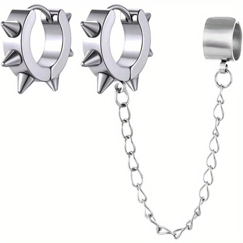 Punk Edelstahl Spitze Creolen Mit Ohrmanschette Kette Set Für Damen Herren Gold Schwarz Silber Niete Ohrstecker Gothic Schmuck