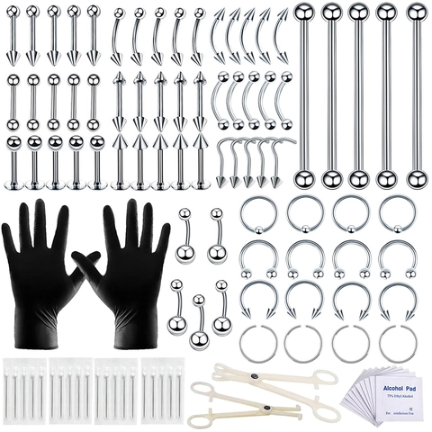 Professional Stainless Steel Body Piercing Kit With Piercing Needles Clamps Gloves Alcohol Pads Silver Body Jewelry Piercing Tool Set