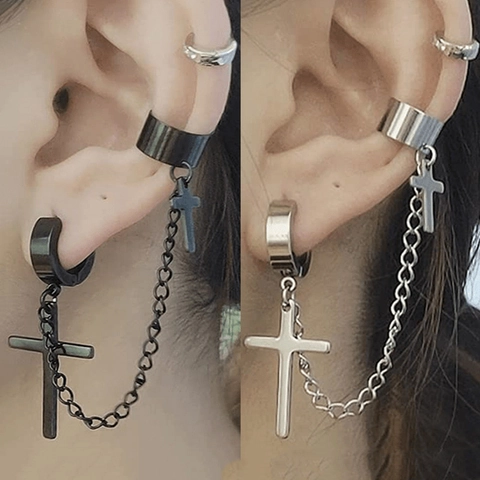 Punk Roestvrij Staal Kruis Hanger Ear Cuff Oorbellen Set Zwart Zilver Gothic Ketting Hoop Oorbellen Voor Heren Dames Sieraden