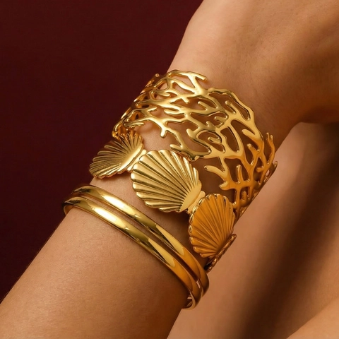 Fashion 18K Gold Plated Stainless Steel Open Bangle For Women Irregular Flower Shell Leaf Hollow Out Cuff Bracelet Jewelry