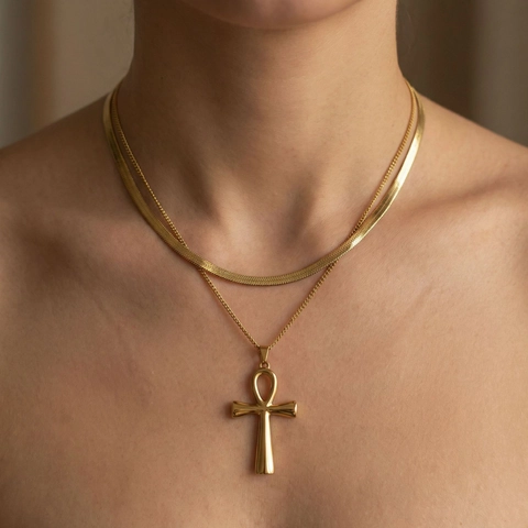 Vintage 18K Gold Plated Stainless Steel Double Layered Necklace With Ankh Cross Pendant Snake Chain Jewelry For Women