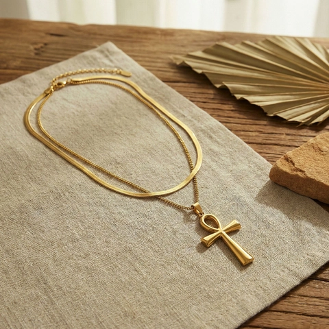 Vintage 18K Gold Plated Stainless Steel Double Layered Necklace With Ankh Cross Pendant Snake Chain Jewelry For Women