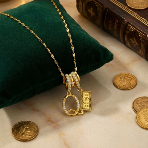 18K Gold Plated Stainless Steel Letter Q And $100 Money Bill Pendant Necklace With Zirconia For Women Jewelry Gift