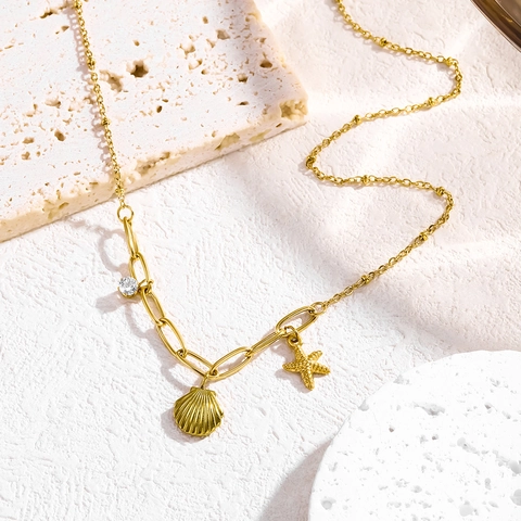 Mode Titanium Staal Schelp Zeester Hanger Halsketting Voor Vrouwen Goud Zilver Verguld Strass Mariene Stijl Choker Sieraden Cadeau