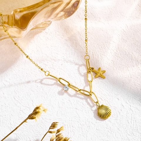 Mode Titanium Staal Schelp Zeester Hanger Halsketting Voor Vrouwen Goud Zilver Verguld Strass Mariene Stijl Choker Sieraden Cadeau