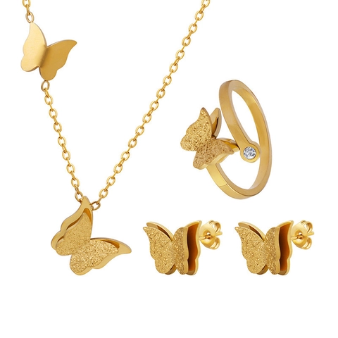 Collier Pendentif Papillon Bague Ajustable Dépolie Boucles Oreilles Clous Acier Titane Bijoux Élégants Pour Femmes Zircon
