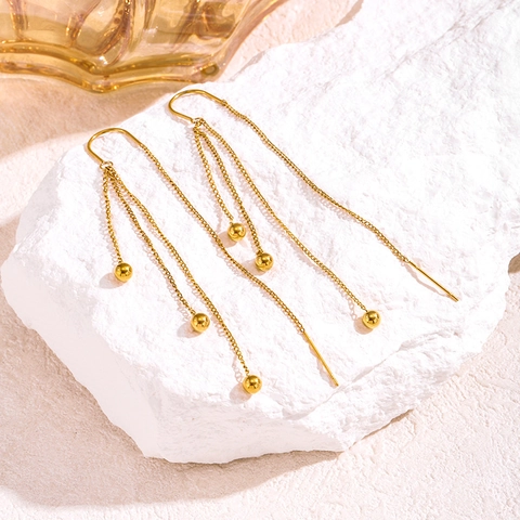 Titanium Steel Gold Tassel Ear Wire Long Drop Earrings Beaded Dangle Earrings Fashion Jewelry Gift For Women