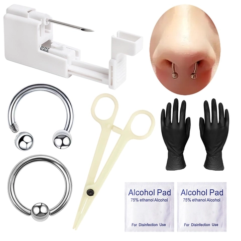 Stainless Steel Nose Ring Body Piercing Kit Disposable Piercing Tool Set With Alcohol Pads And Gloves For Women Men Piercing Jewelry