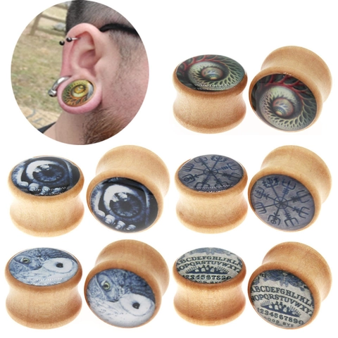 Natural Wooden Ear Plugs Gauges Double Flare Gothic Raven Skull Owl Viking Compass Ouija Board Piercing Body Jewelry
