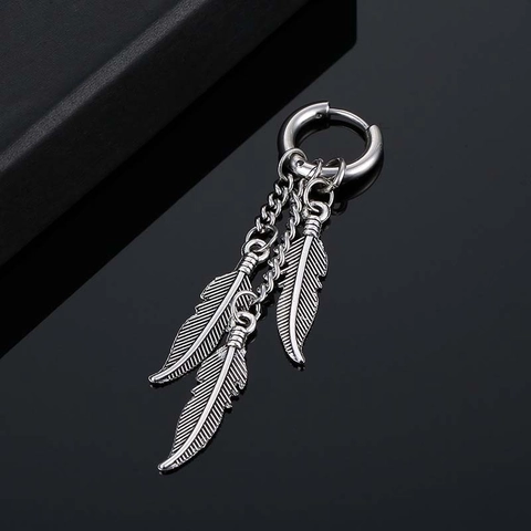 Punk Stainless Steel Tassel Chain Hoop Earrings With Feather Cross Pendants Hip Hop Surgical Steel Long Dangle Earrings Unisex