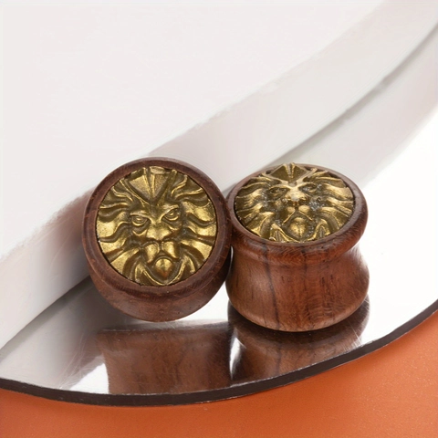 Vintage Wood Alloy Lion Head Double Flared Ear Plugs Gauges Tribal Gothic Body Piercing Jewelry For Men Women