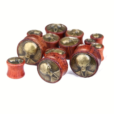 Retro Alien Head Relief Ear Plugs Wood And Alloy Ear Gauges Punk Style Double Flared Ear Expanders Unisex Piercing Jewelry