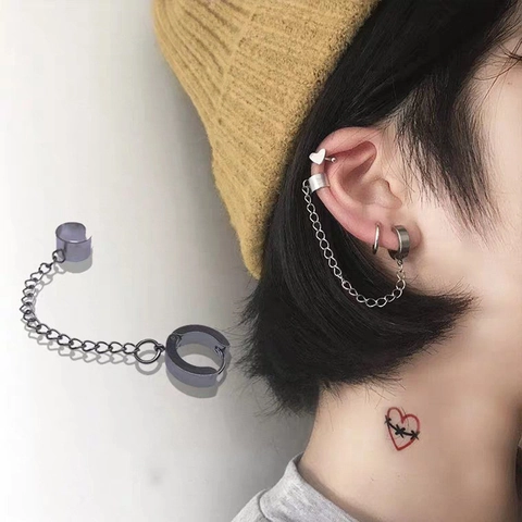 Pendientes de Cadena Punk de Acero Inoxidable para Hombre Mujer Clip de Oreja Sin Agujero Perno Perforado Gótico Hip Hop Joyería