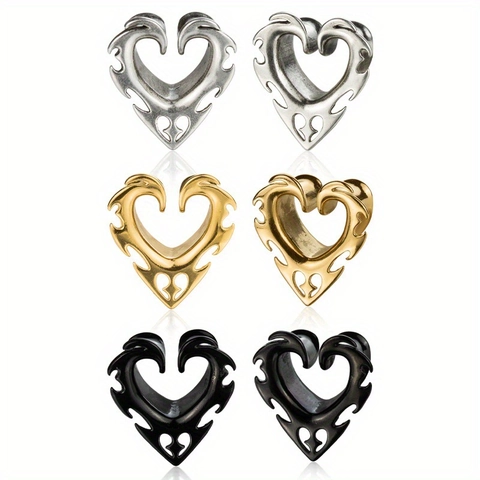 Dilatadores de Oreja de Acero Inoxidable Gótico Forma de Corazón Llama Tribal Hueca Joyería de Piercing para Hombre Mujer