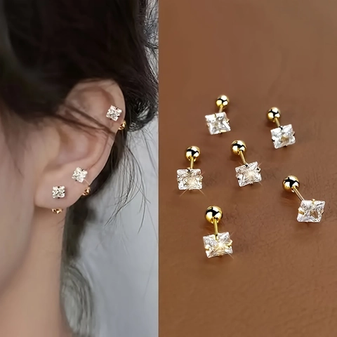 Pendientes de Botón de Acero Inoxidable Oro Zirconia Cuadrada Cierre Rosca Bola Diferentes Tamaños Joyería Minimalista