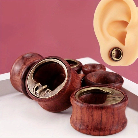Vintage Wood Ear Plugs Alloy Moon Face Metal Inlay Double Flared Gauges Tunnels Bohemian Earring Body Piercing Jewelry