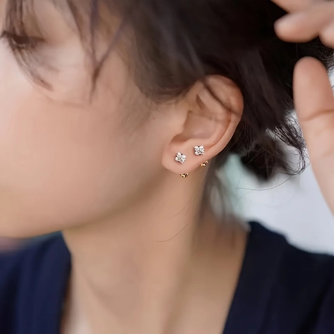 Pendientes de Botón de Acero Inoxidable Oro Zirconia Cuadrada Cierre Rosca Bola Diferentes Tamaños Joyería Minimalista