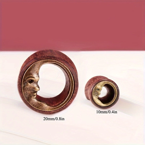 Vintage Wood Ear Plugs Alloy Moon Face Metal Inlay Double Flared Gauges Tunnels Bohemian Earring Body Piercing Jewelry