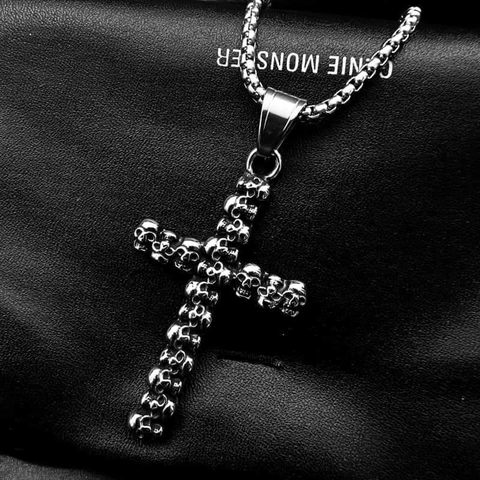 Collar con Colgante de Cruz de Calavera Gótico Punk de Acero Inoxidable Joyería de Esqueleto Plateada Vintage para Hombre