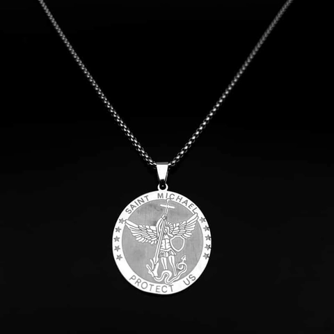 Saint Michael Protect Us Medal Pendant Necklace Stainless Steel Religious Amulet Guardian Angel Vintage Jewelry For Men Women