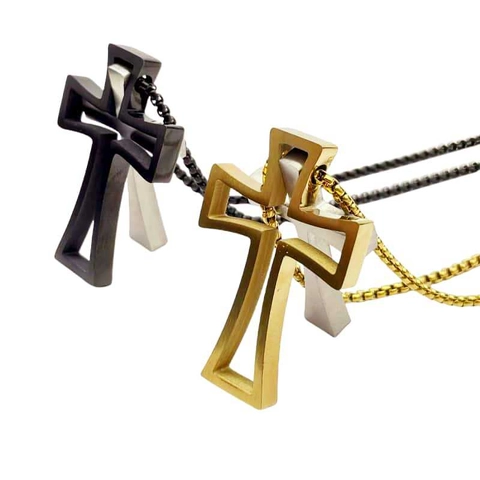 Men Stainless Steel Cross Pendant Necklace Religious Double Layer Simple Jewelry Gold Black Tones Pendant And Chain