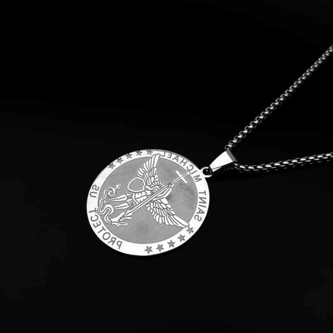 Saint Michael Protect Us Medal Pendant Necklace Stainless Steel Religious Amulet Guardian Angel Vintage Jewelry For Men Women