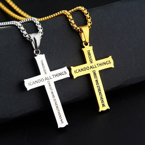 Stainless Steel Cross Pendant Necklace For Men Women Religious Bible Verse Engraved Inspirational Jewelry Fashion Box Chain