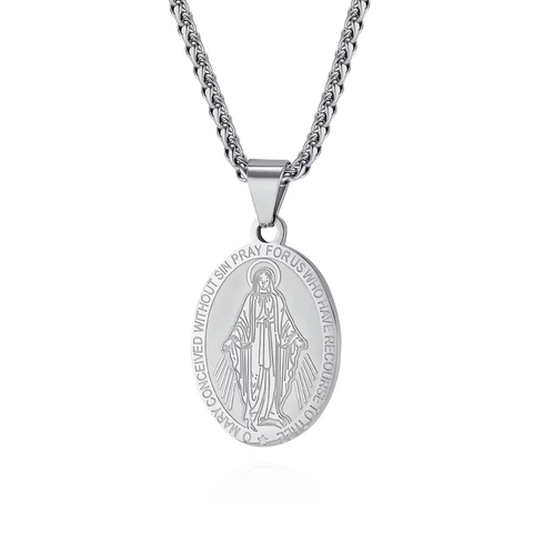Stainless Steel Miraculous Medal Virgin Mary Pendant Necklace Oval Catholic Saint Religious Jewelry For Men Women
