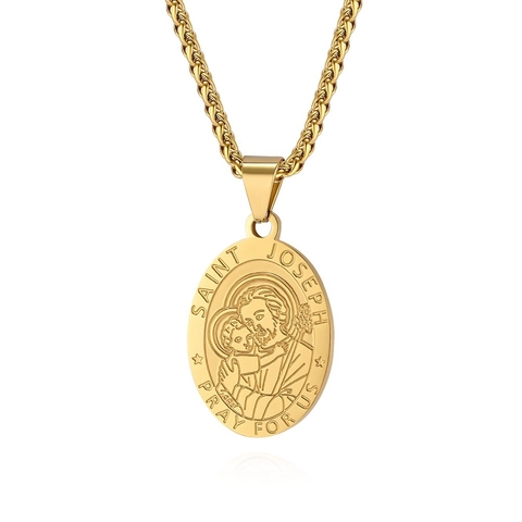 Stainless Steel Saint Joseph Medallion Pendant Necklace For Men Women Religious Prayer Jewelry Medallion Wheat Box Chain Accessory