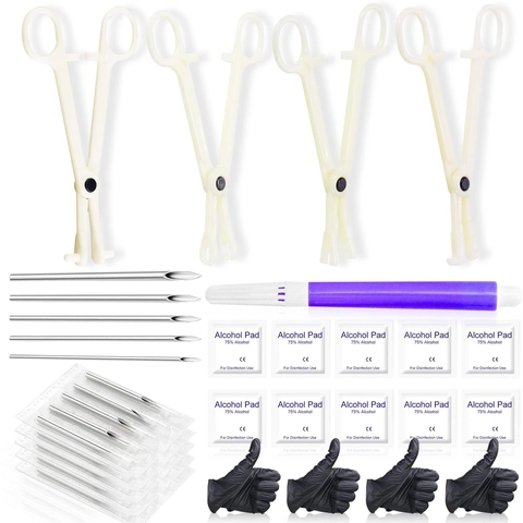 Professional Disposable Body Piercing Kit With 316L Stainless Steel Needles Clamps Alcohol Pads Marking Pen For Tongue Nose Lip Ear