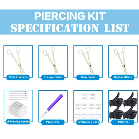 Professional Disposable Body Piercing Kit With 316L Stainless Steel Needles Clamps Alcohol Pads Marking Pen For Tongue Nose Lip Ear