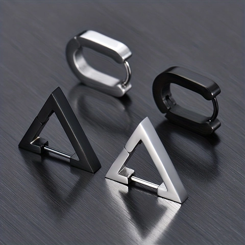 Stainless Steel Geometric Triangle Oval Hoop Earrings For Men Women Punk Minimalist Silver Black U-Shape Ear Buckle Jewelry