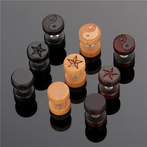 Unisex Wood Barbell Stud Earrings Yin Yang Tai Chi Pentagram Star Pattern Round Wooden Ear Plugs Ethnic Vintage Piercing Jewelry