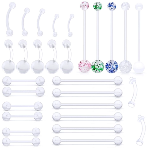 Transparent Acrylic Body Piercing Jewelry Assortment For Women Men Belly Ring Tongue Stud Eyebrow Ring Ear Cartilage Industrial Barbell Simple Clear Plastic Piercing Collection