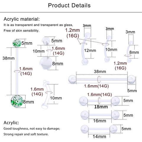 Transparent Acrylic Body Piercing Jewelry Assortment For Women Men Belly Ring Tongue Stud Eyebrow Ring Ear Cartilage Industrial Barbell Simple Clear Plastic Piercing Collection