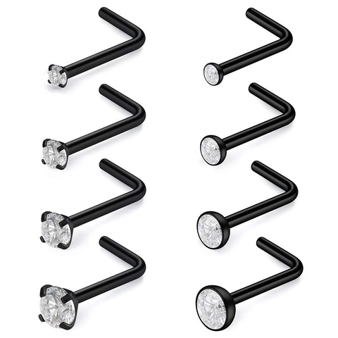 Lot de 8 Clous de Nez en L en Acier Inoxydable 316L Avec Zircone Cubique AAA+ Bijoux de Piercing pour Homme et Femme