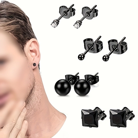Stainless Steel Stud Earrings Set Black Square Round Zirconia Inlaid Geometric Studs For Men Women Fashion Jewelry